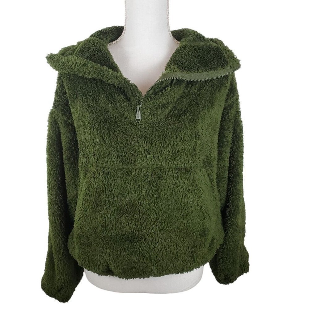 Free People Sweater Womens XS Big Sky Green Half Zip Pullover Fuzzy Faux Fur